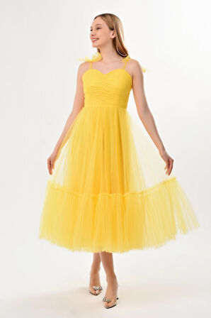 Omuzları Bağlamalı Renkli Tül Abiye Elbise