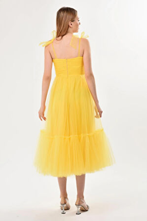 Omuzları Bağlamalı Renkli Tül Abiye Elbise