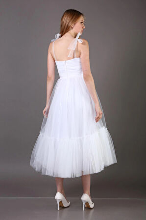 Omuzları Bağlamalı Renkli Tül Abiye Elbise