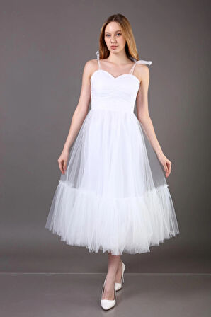 Omuzları Bağlamalı Renkli Tül Abiye Elbise