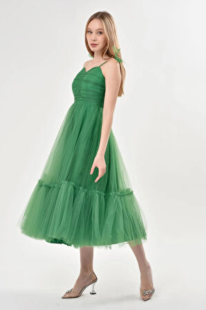 Omuzları Bağlamalı Renkli Tül Abiye Elbise