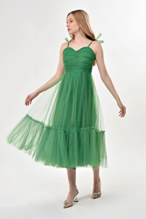 Omuzları Bağlamalı Renkli Tül Abiye Elbise