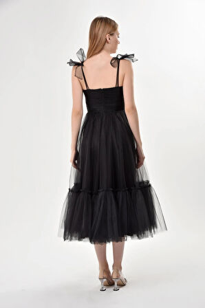 Omuzları Bağlamalı Renkli Tül Abiye Elbise