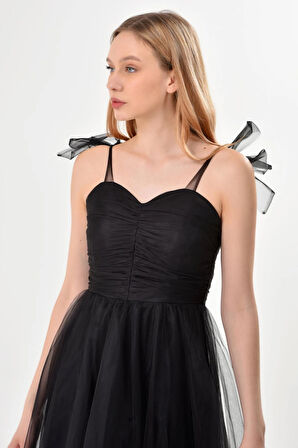 Omuzları Bağlamalı Renkli Tül Abiye Elbise