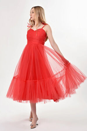 Omuzları Bağlamalı Renkli Tül Abiye Elbise