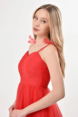 Omuzları Bağlamalı Renkli Tül Abiye Elbise