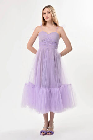 Omuzları Bağlamalı Renkli Tül Abiye Elbise