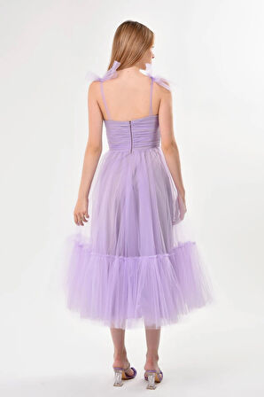 Omuzları Bağlamalı Renkli Tül Abiye Elbise