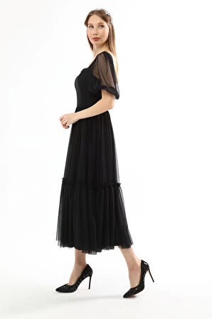 Kadın Abiye Ve Mezuniyet Kalp Yaka Şık Ve Zarif Özel Üretim Noktalı Tül Abiye Elbise