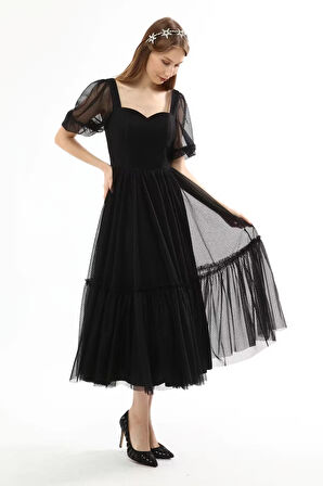 Kadın Abiye Ve Mezuniyet Kalp Yaka Şık Ve Zarif Özel Üretim Noktalı Tül Abiye Elbise