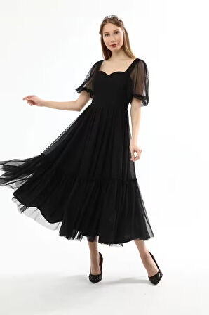 Kadın Abiye Ve Mezuniyet Kalp Yaka Şık Ve Zarif Özel Üretim Noktalı Tül Abiye Elbise