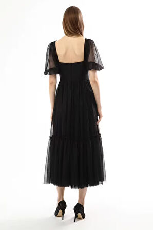 Kadın Abiye Ve Mezuniyet Kalp Yaka Şık Ve Zarif Özel Üretim Noktalı Tül Abiye Elbise