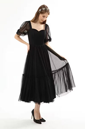 Kadın Abiye Ve Mezuniyet Kalp Yaka Şık Ve Zarif Özel Üretim Noktalı Tül Abiye Elbise