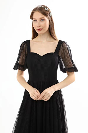 Kadın Abiye Ve Mezuniyet Kalp Yaka Şık Ve Zarif Özel Üretim Noktalı Tül Abiye Elbise