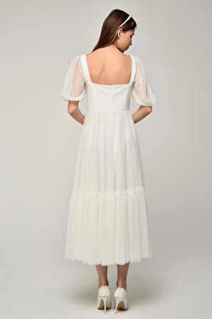 Kadın Abiye ve Mezuniyet Elbise Kalp Yaka Özel Üretim Noktalı Tül Abiye Elbise