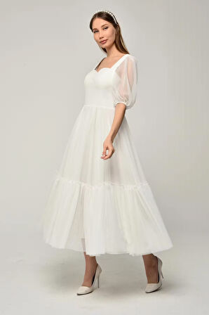 Kadın Abiye ve Mezuniyet Elbise Kalp Yaka Özel Üretim Noktalı Tül Abiye Elbise