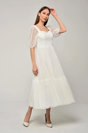 Kadın Abiye ve Mezuniyet Elbise Kalp Yaka Özel Üretim Noktalı Tül Abiye Elbise