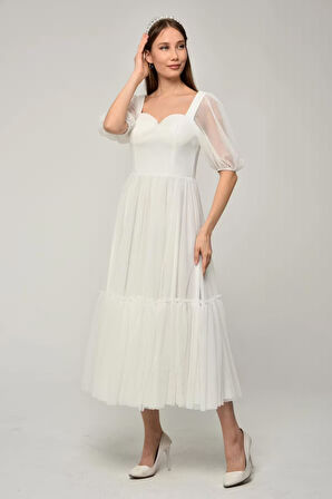 Kadın Abiye ve Mezuniyet Elbise Kalp Yaka Özel Üretim Noktalı Tül Abiye Elbise