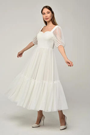 Kadın Abiye ve Mezuniyet Elbise Kalp Yaka Özel Üretim Noktalı Tül Abiye Elbise