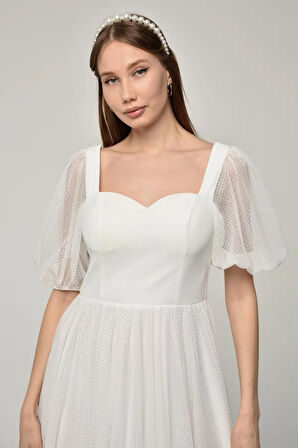 Kadın Abiye ve Mezuniyet Elbise Kalp Yaka Özel Üretim Noktalı Tül Abiye Elbise