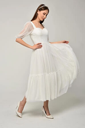 Kadın Abiye ve Mezuniyet Elbise Kalp Yaka Özel Üretim Noktalı Tül Abiye Elbise