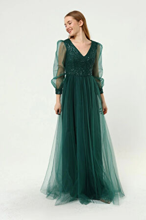 Kadın Abiye Ve Mezuniyet Elbiseleri Payet Detaylı V Yaka Tül Abiye Elbise