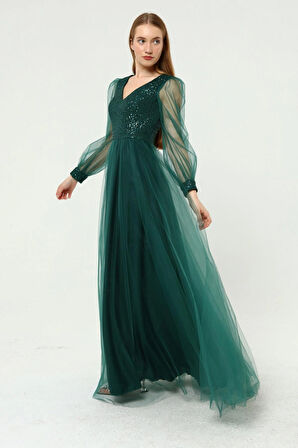 Kadın Abiye Ve Mezuniyet Elbiseleri Payet Detaylı V Yaka Tül Abiye Elbise