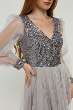 Kadın Abiye Ve Mezuniyet Elbiseleri Payet Detaylı V Yaka Tül Abiye Elbise