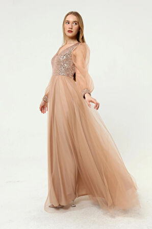 Kadın Abiye Ve Mezuniyet Elbiseleri Payet Detaylı V Yaka Tül Abiye Elbise