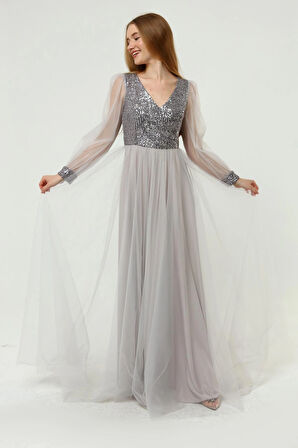 Kadın Abiye Ve Mezuniyet Elbiseleri Payet Detaylı V Yaka Tül Abiye Elbise