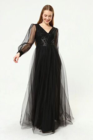 Kadın Abiye Ve Mezuniyet Elbiseleri Payet Detaylı V Yaka Tül Abiye Elbise