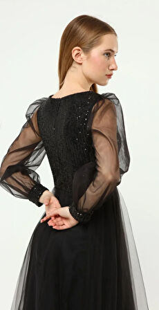 Kadın Abiye Ve Mezuniyet Elbiseleri Payet Detaylı V Yaka Tül Abiye Elbise