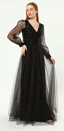 Kadın Abiye Ve Mezuniyet Elbiseleri Payet Detaylı V Yaka Tül Abiye Elbise