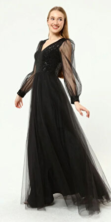 Kadın Abiye Ve Mezuniyet Elbiseleri Payet Detaylı V Yaka Tül Abiye Elbise