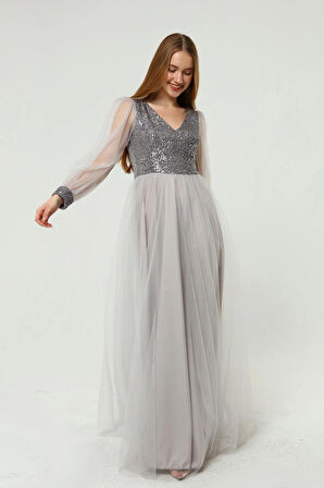 Kadın Abiye Ve Mezuniyet Elbiseleri Payet Detaylı V Yaka Tül Abiye Elbise