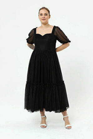 Kadın Abiye Ve Mezuniyet Sade Şık Zarif Kalp Yaka Büyük Beden Özel Üretim Noktalı Tül Abiye Elbise