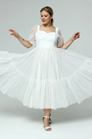 Kadın Abiye Ve Mezuniyet Sade Şık Zarif Kalp Yaka Büyük Beden Özel Üretim Noktalı Tül Abiye Elbise