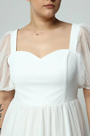 Kadın Abiye Ve Mezuniyet Sade Şık Zarif Kalp Yaka Büyük Beden Özel Üretim Noktalı Tül Abiye Elbise