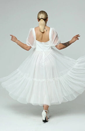 Kadın Abiye Ve Mezuniyet Sade Şık Zarif Kalp Yaka Büyük Beden Özel Üretim Noktalı Tül Abiye Elbise