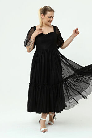 Kadın Abiye Ve Mezuniyet Sade Şık Zarif Kalp Yaka Büyük Beden Özel Üretim Noktalı Tül Abiye Elbise