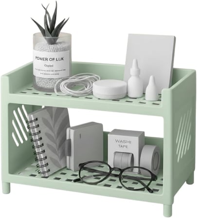 Çok Amaçlı 2 Katlı Organizer Raf – Açık Yeşil Plastik Düzenleyici Stand – Banyo, Mutfak, Masaüstü ve Ofis İçin – 25 x 18 cm