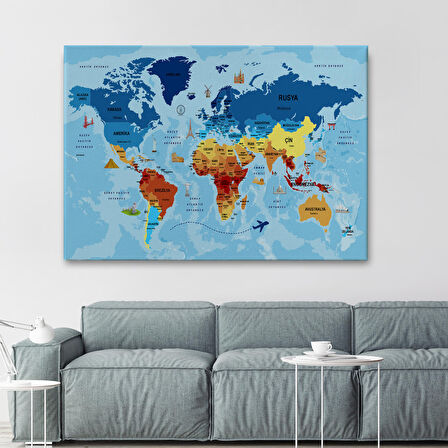 Harita Sepeti Türkçe Dünya Haritası Sembollü ve Okyanuslu Dekoratif Kanvas Tablo 2422