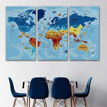 Harita Sepeti Türkçe Dünya Haritası Sembollü ve Okyanuslu Dekoratif Kanvas Tablo 2422