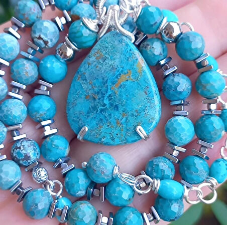 2422 Shutatkite Turkuaz Hematite el yapımı kolye