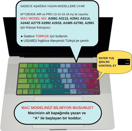 MacBook Türkçe Q Klavye Koruyucu US Amerikan Return Enter Uyumlu M1-M5 | A2681 A3113 A3240 A3449 A2941 A3241 A2442 A2779 A3426 A3434 A2485 A3429 | Silikon Keyboard Cover Pembe Yeşil