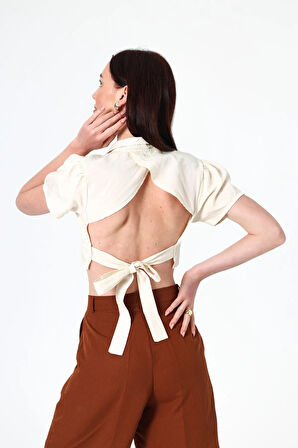 Kadın Keten Crop Gömlek Kısa Kollu Sırt Dekolteli Keten Crop Gömlek