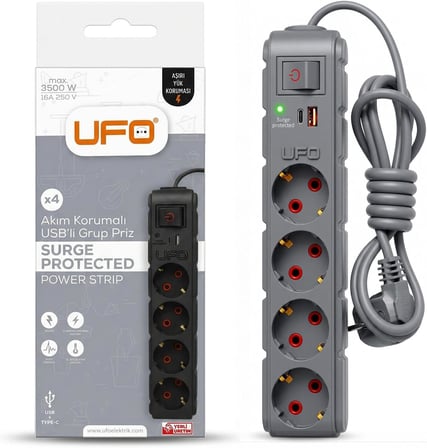UFO Yeni 4lü Akım Korumalı Grup Priz 1,5 Metre Bakır Kablolu, 5V 2,4A USB ve Type-C ile Şarj, Anahtarlı Topraklı Priz, Sürekli Koruma, 16A 250V, Max 3500W Aşırı Yük Koruması, 1,5m. Gri renk