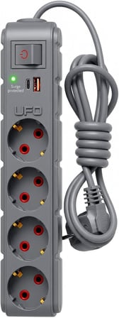 UFO Yeni 4lü Akım Korumalı Grup Priz 1,5 Metre Bakır Kablolu, 5V 2,4A USB ve Type-C ile Şarj, Anahtarlı Topraklı Priz, Sürekli Koruma, 16A 250V, Max 3500W Aşırı Yük Koruması, 1,5m. Gri renk