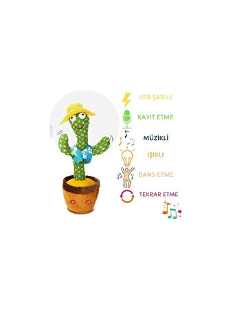 Şarjlı Dans Eden Konuşan Kaktüs Oyuncak, Ses Tekrar Eden, Şarkılı Eğlenceli Eğitici Peluş Oyuncak