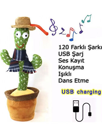 Şarjlı Dans Eden Konuşan Kaktüs Oyuncak, Ses Tekrar Eden, Şarkılı Eğlenceli Eğitici Peluş Oyuncak